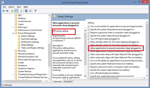 Windows 8 Group Policy Editor, Sleep Settings